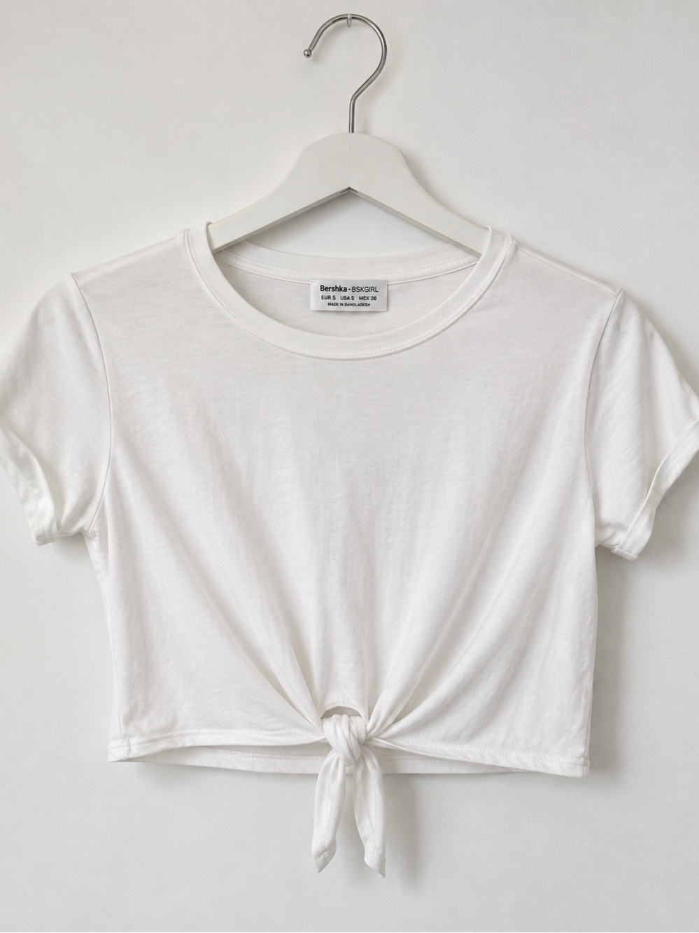 Bershka BSKGRL White Tie Front Short Sleeve Crop Top